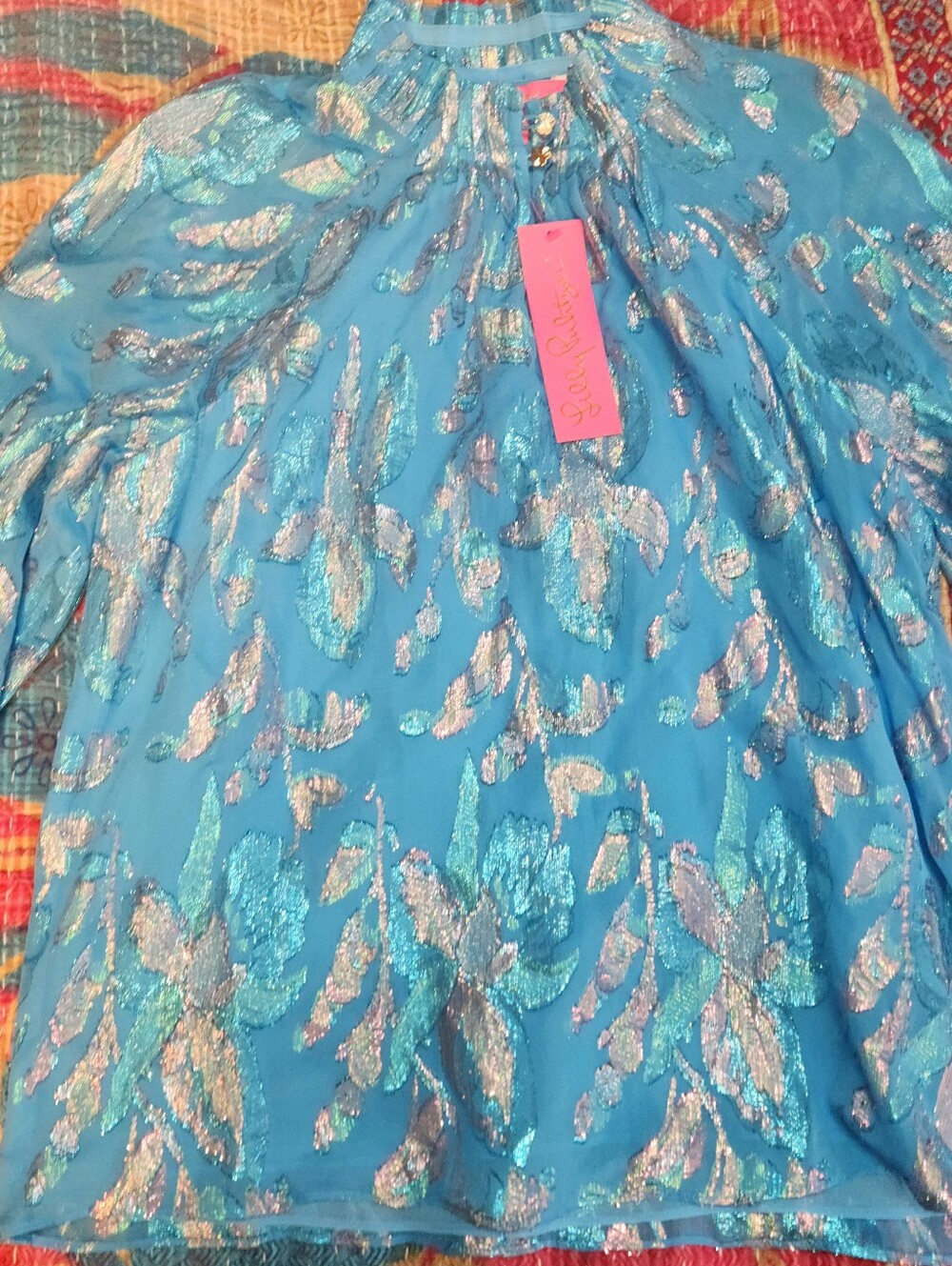 Lilly Pulitzer NWT Sz S Galiana Silk Mock Neck Blouse Long Sleeve Ocean Breeze